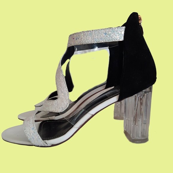 Y2K White Glitter Sparkly Clear Heels Sandals US Sz 8 Ankle Strap Party Cocktail - Picture 1 of 11